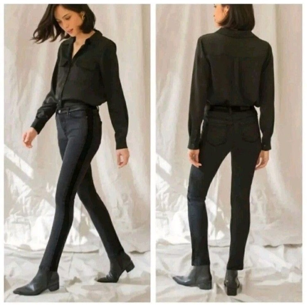 NEW Ecru Los Feliz Faux Leather Strip Denim Skinny Jeans in Washed Black Size 27